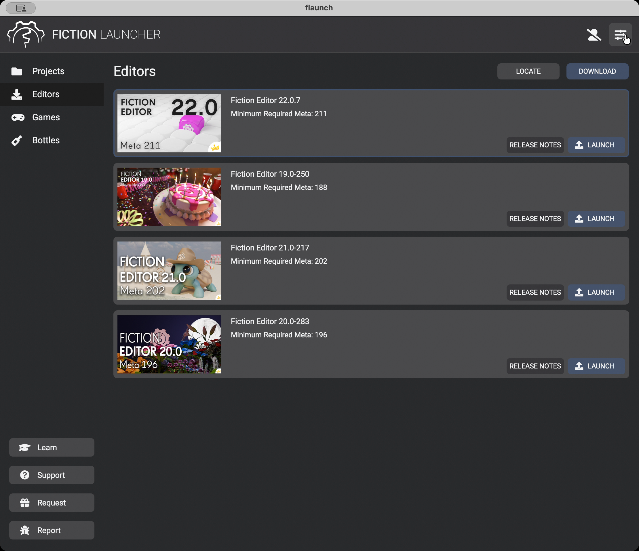 Game Editor Launcher current state - Editors view showing multiple editor versions