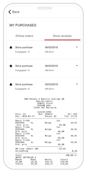 Digital Receipt, Store receipt is found in the purchase history together with the online orders 